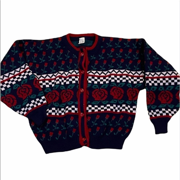 Vintage Other - VINTAGE Rose Checkered Print Knit Sweater Cardigan